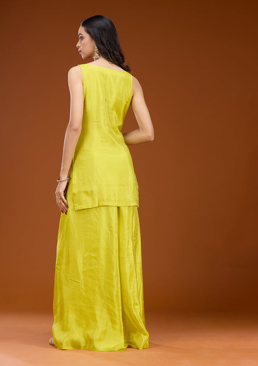 Lime Green Threadwork Tissue Readymade Salwar Suit