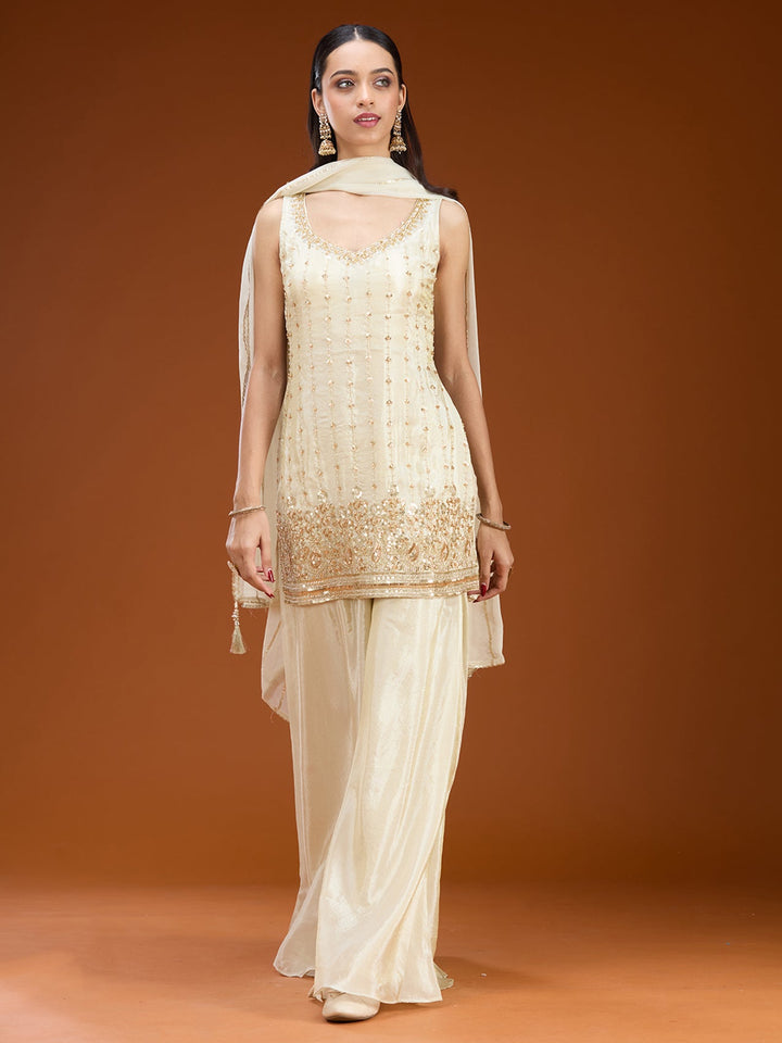 Off White Cutdana Tissue Readymade Salwar Suit