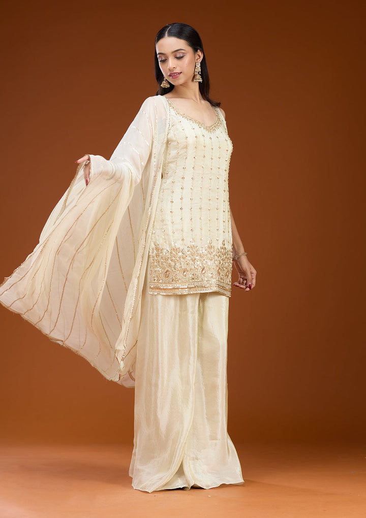 Off White Cutdana Tissue Readymade Salwar Suit