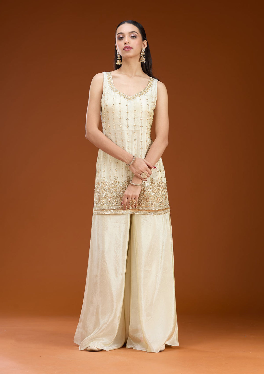 Off White Cutdana Tissue Readymade Salwar Suit