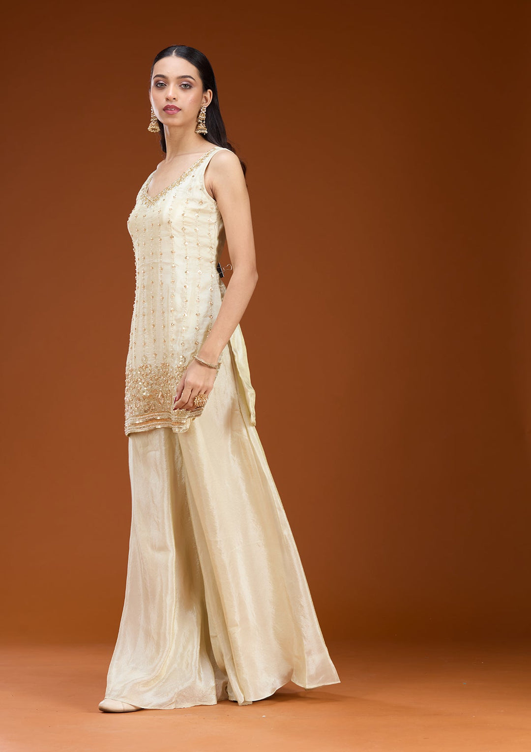 Off White Cutdana Tissue Readymade Salwar Suit