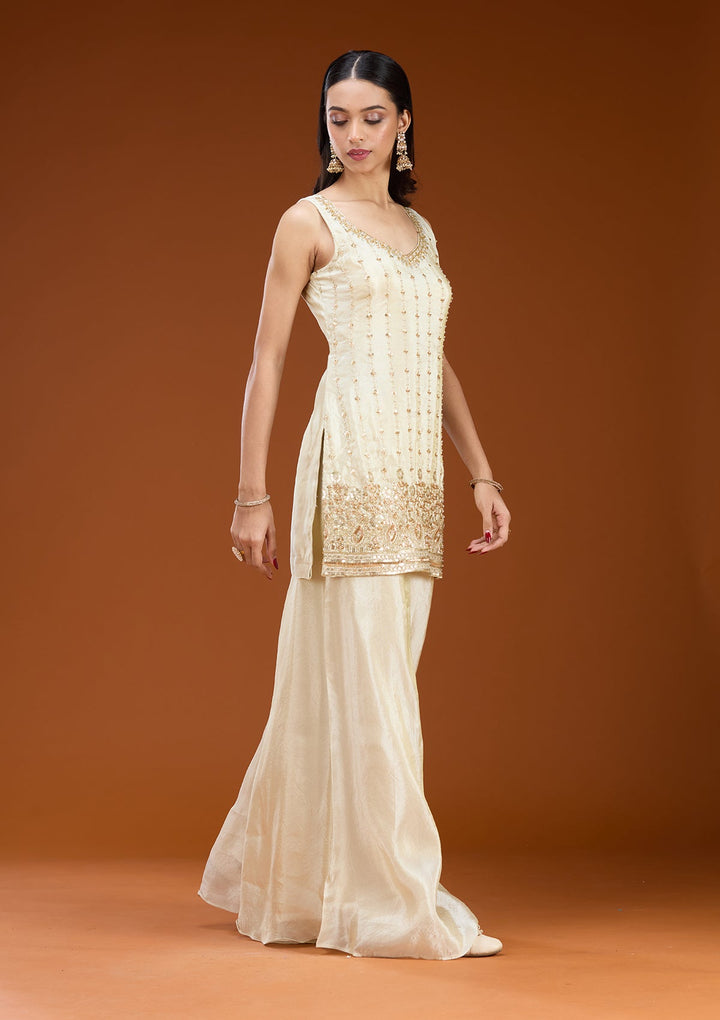 Off White Cutdana Tissue Readymade Salwar Suit