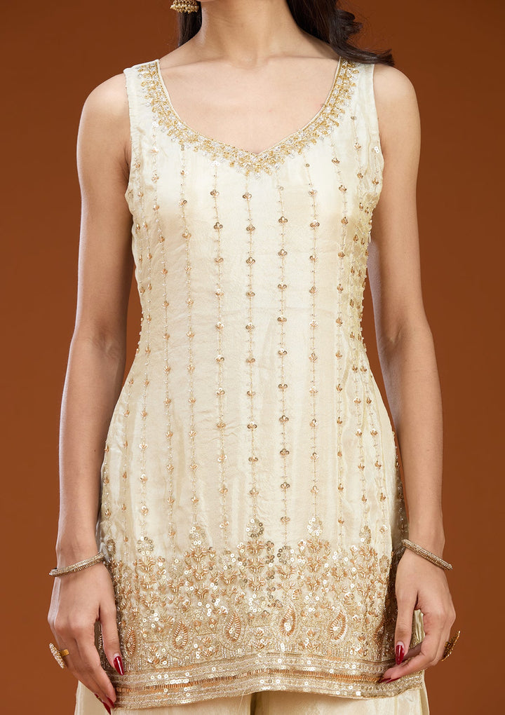 Off White Cutdana Tissue Readymade Salwar Suit