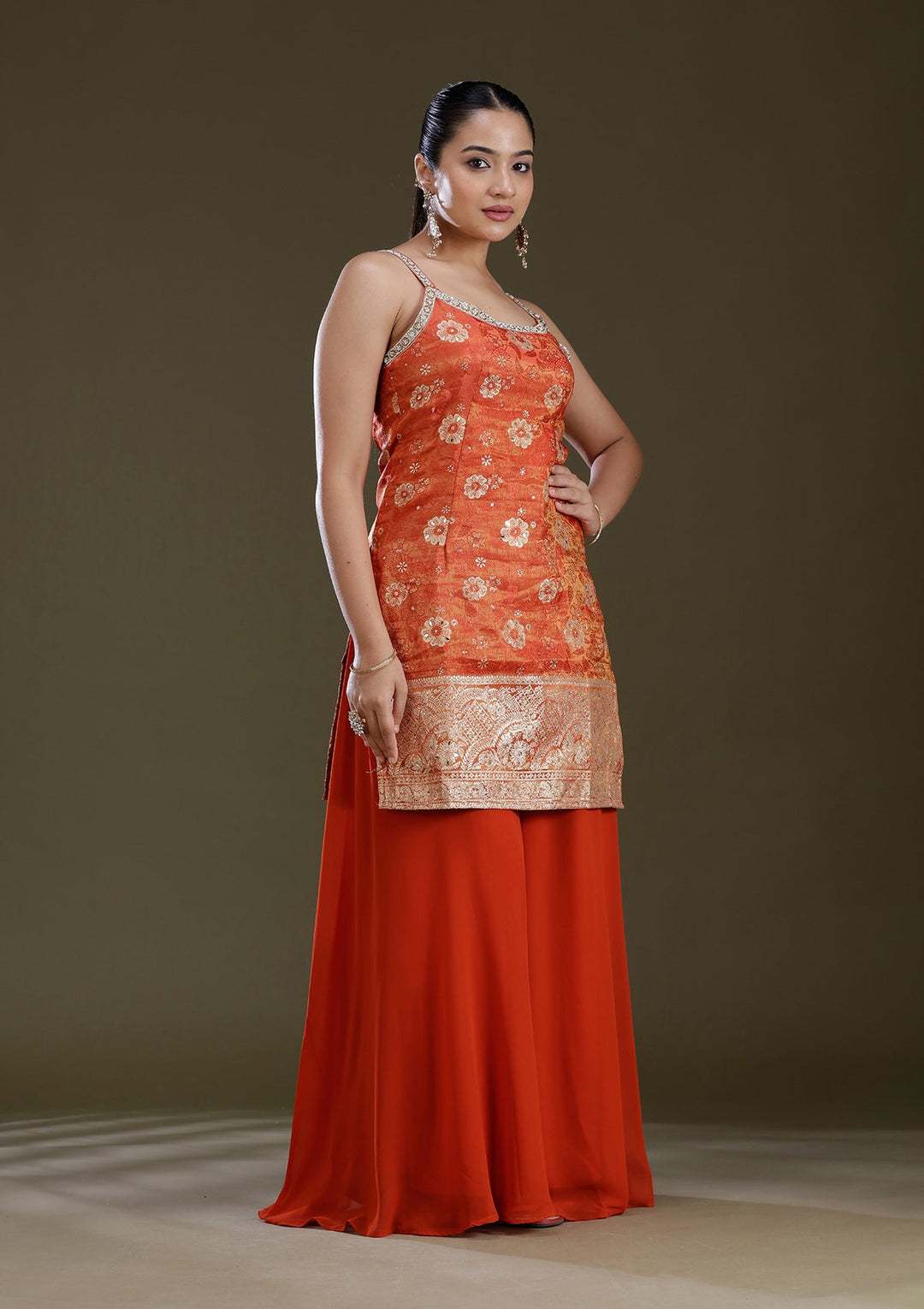 Orange Cutdana Brocade Readymade Salwar Suit