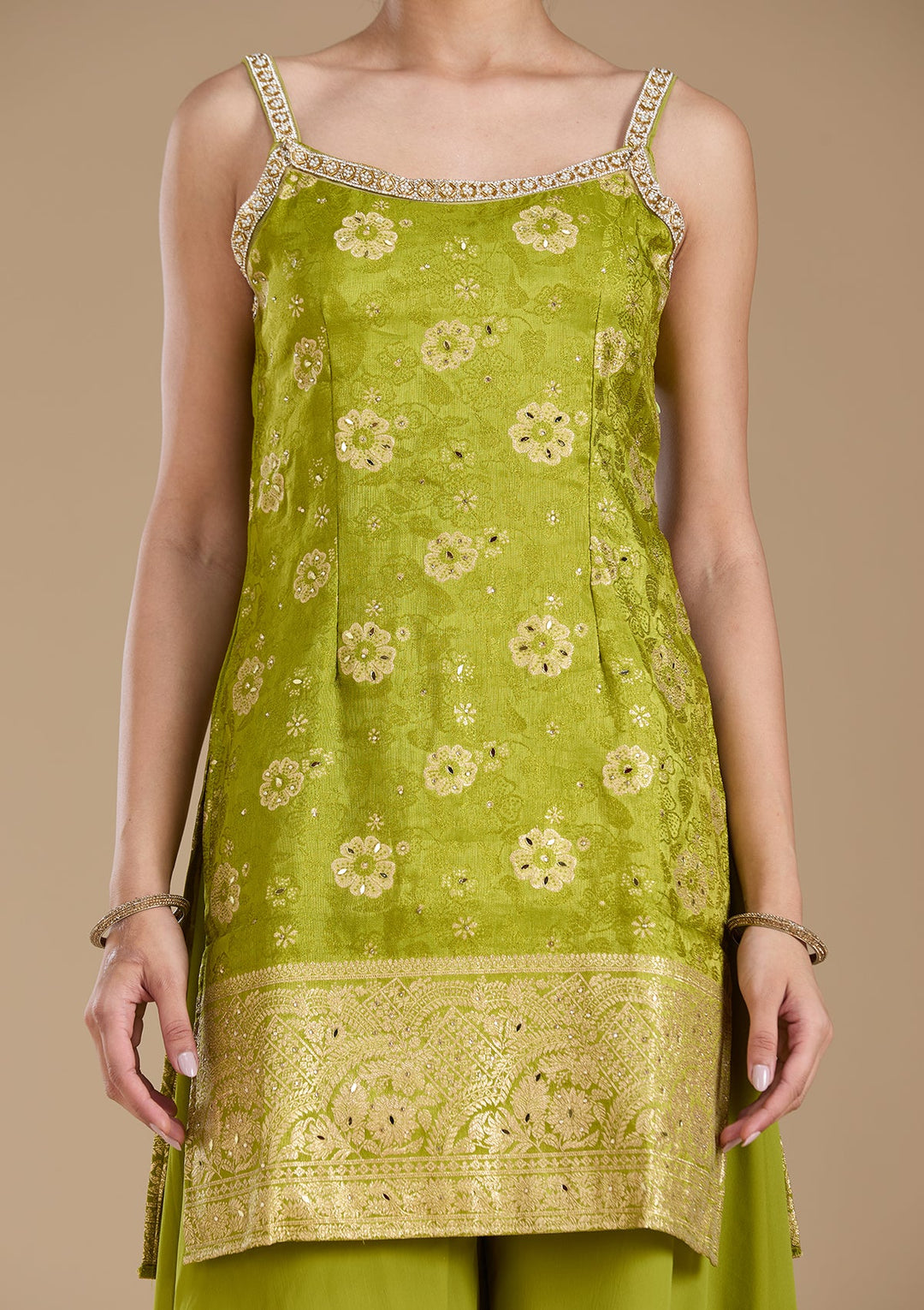 Parrot Green Cutdana Brocade Readymade Salwar Suit