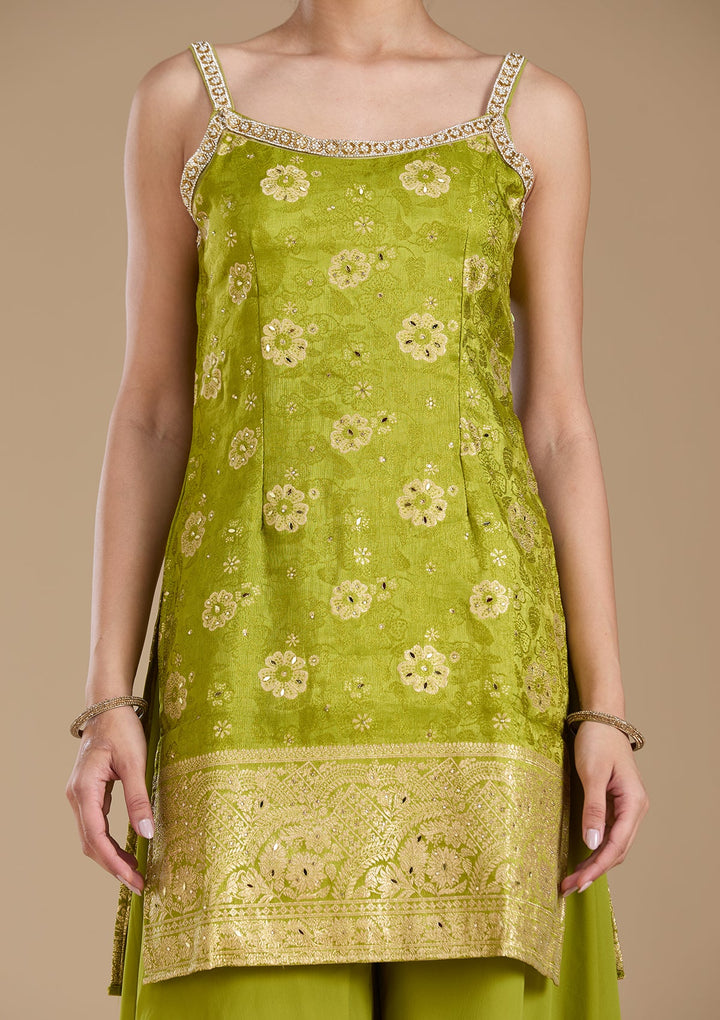 Parrot Green Cutdana Brocade Readymade Salwar Suit