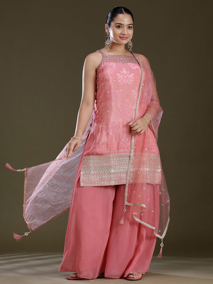 Onion Pink Zariwork (Gold) Tissue Readymade Salwar Suit