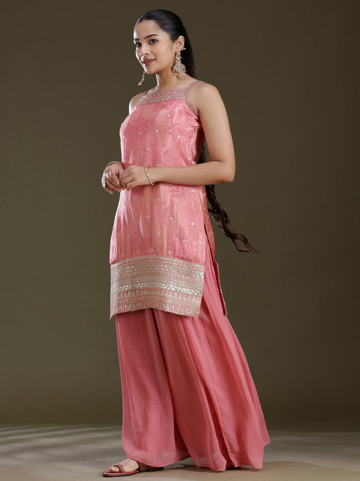 Onion Pink Zariwork (Gold) Tissue Readymade Salwar Suit
