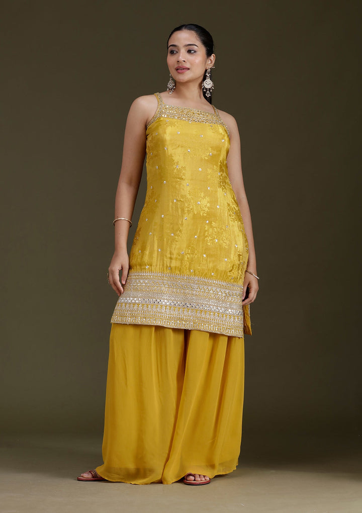 Yellow Zariwork (Gold) Tissue Readymade Salwar Suit