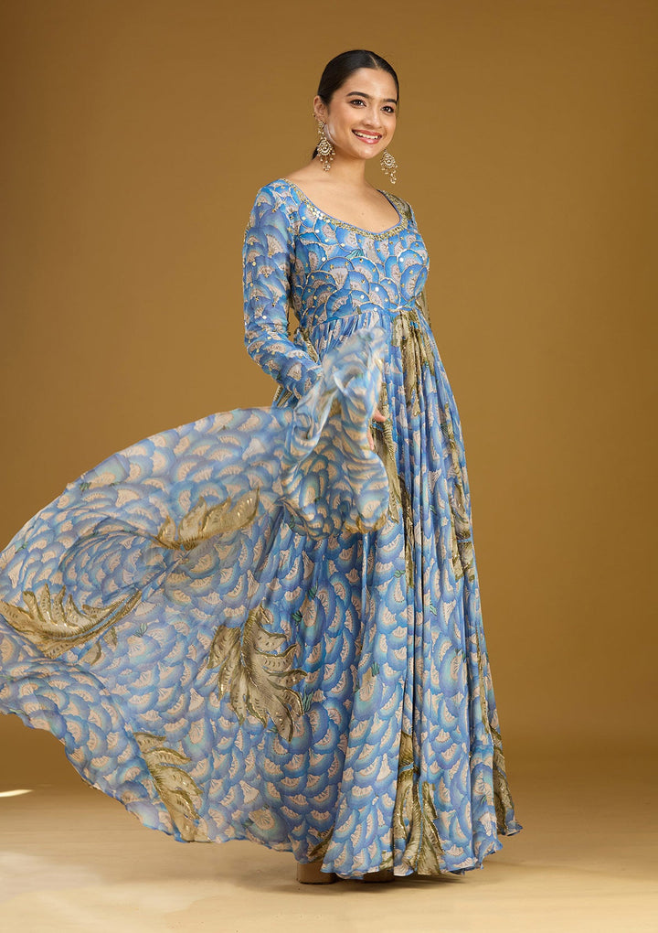 Blue Mirrorwork Crepe Readymade Salwar Suit