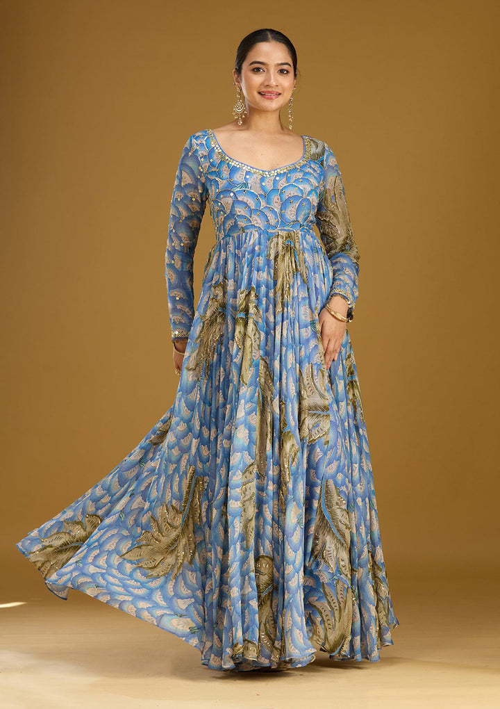 Blue Mirrorwork Crepe Readymade Salwar Suit