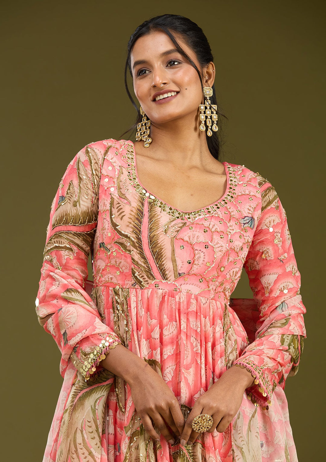 Pink Mirrorwork Crepe Readymade Salwar Suit