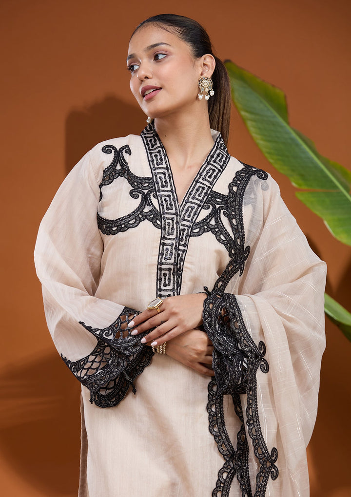 Beige Threadwork Tissue Readymade Salwar Suit