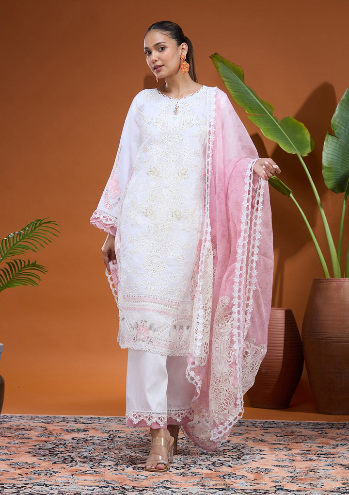 White Threadwork Tissue Readymade Salwar Suit