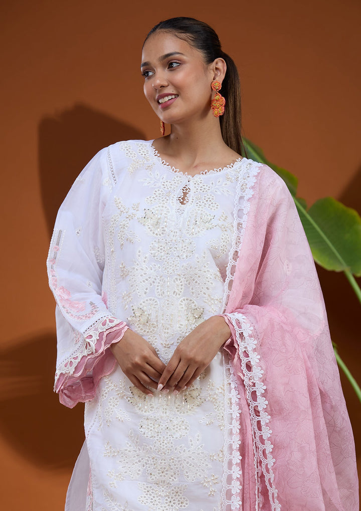 White Threadwork Tissue Readymade Salwar Suit