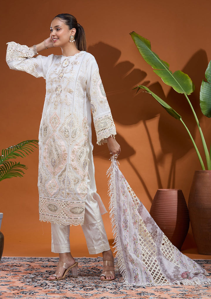 Off White Threadwork Tissue Readymade Salwar Suit