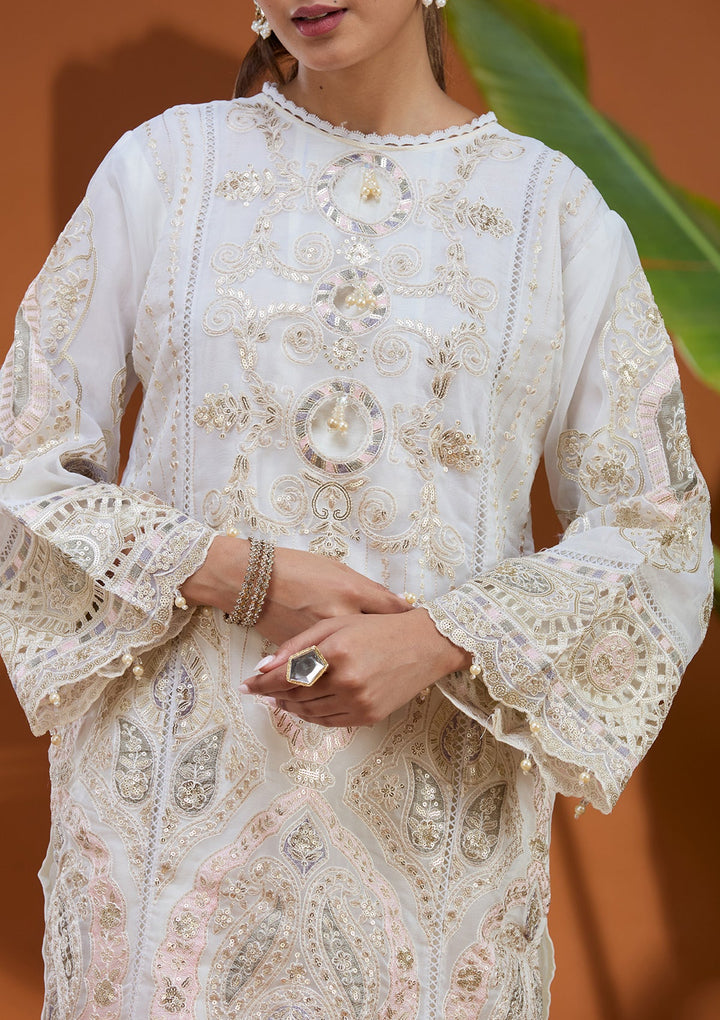 Off White Threadwork Tissue Readymade Salwar Suit