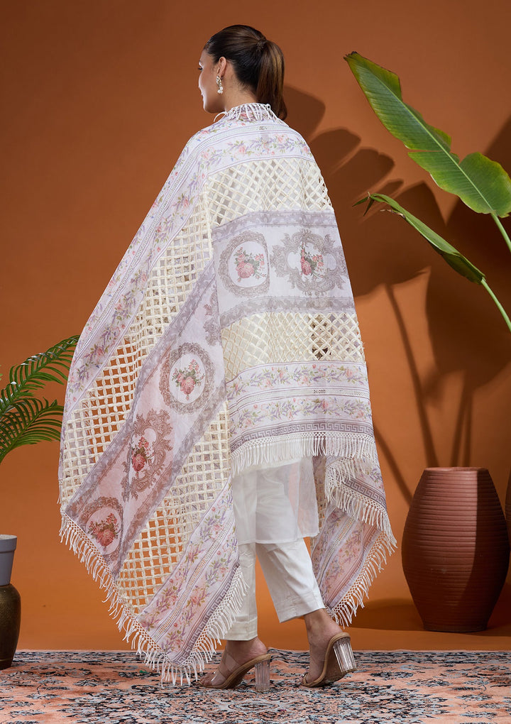 Off White Threadwork Tissue Readymade Salwar Suit