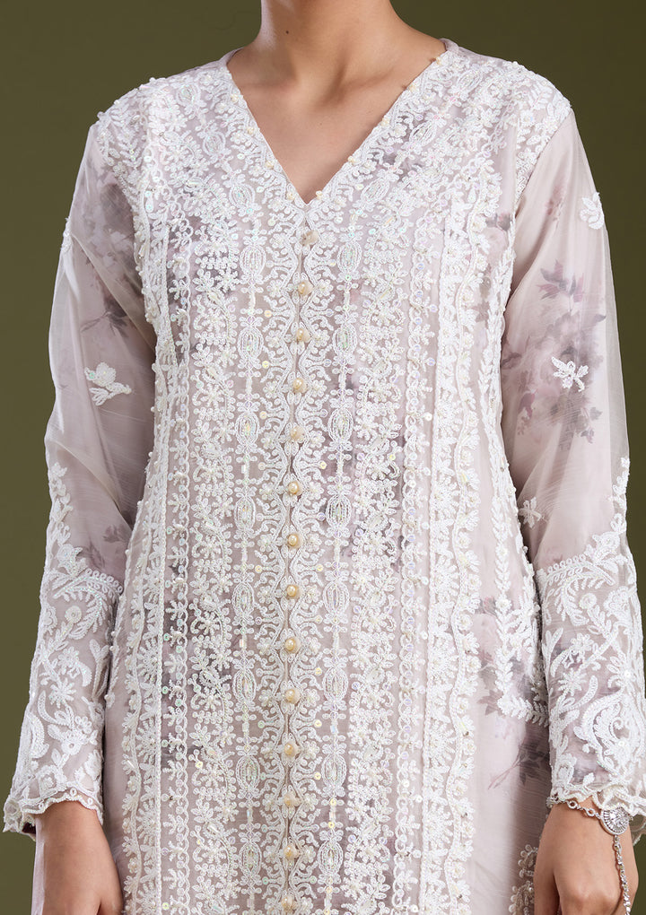 Beige Threadwork Chanderi Readymade Salwar Suit