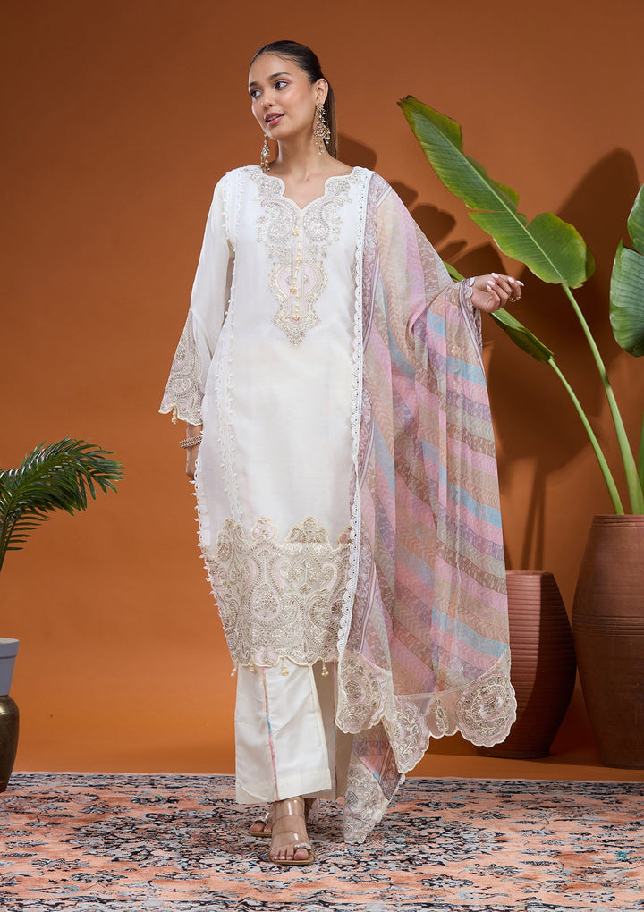 Cream Cutdana Tissue Readymade Salwar Suit