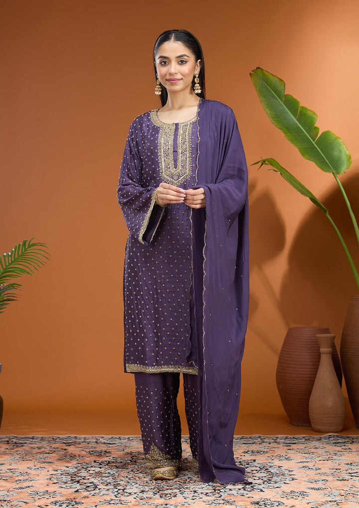 Purple Cutdana Soft Raw Silk Readymade Salwar Suit