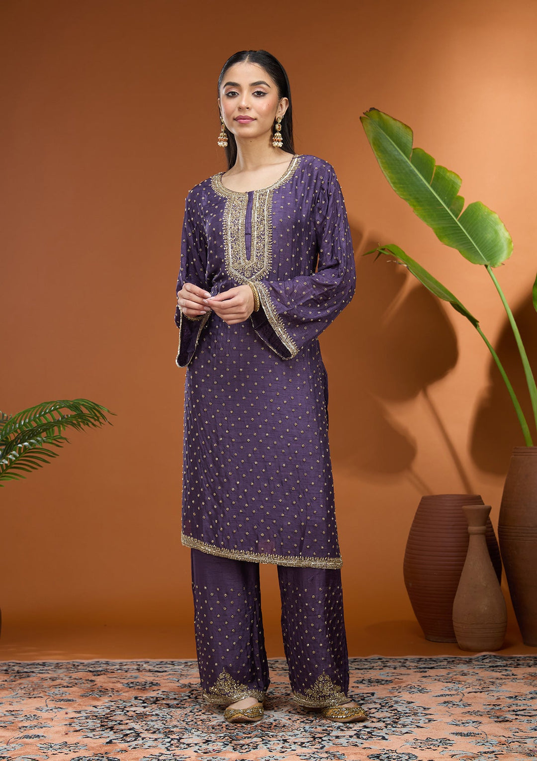 Purple Cutdana Soft Raw Silk Readymade Salwar Suit