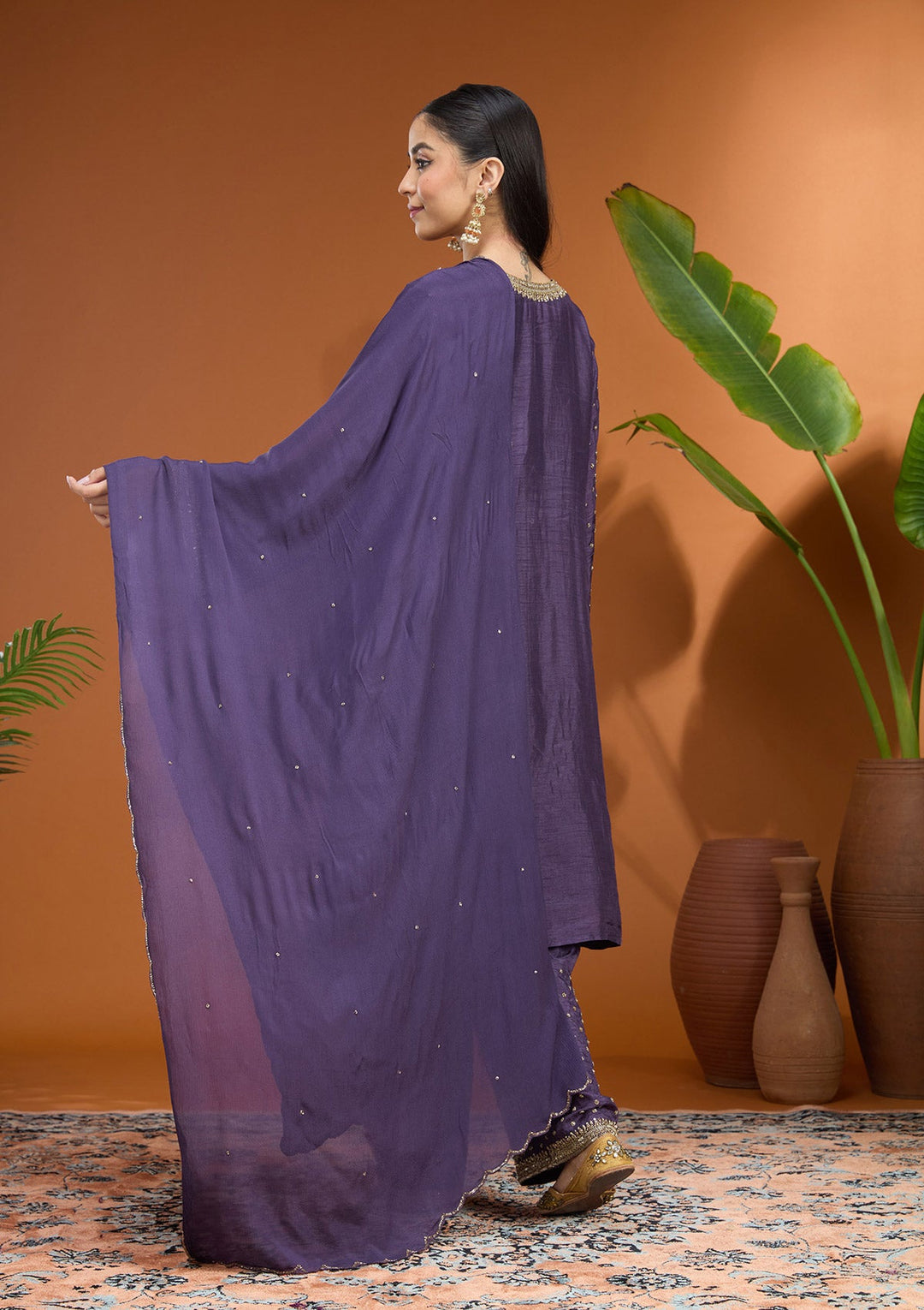 Purple Cutdana Soft Raw Silk Readymade Salwar Suit