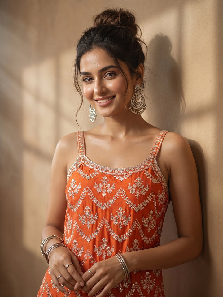 Rust Zariwork (Gold) Chinon Readymade Salwar Suit