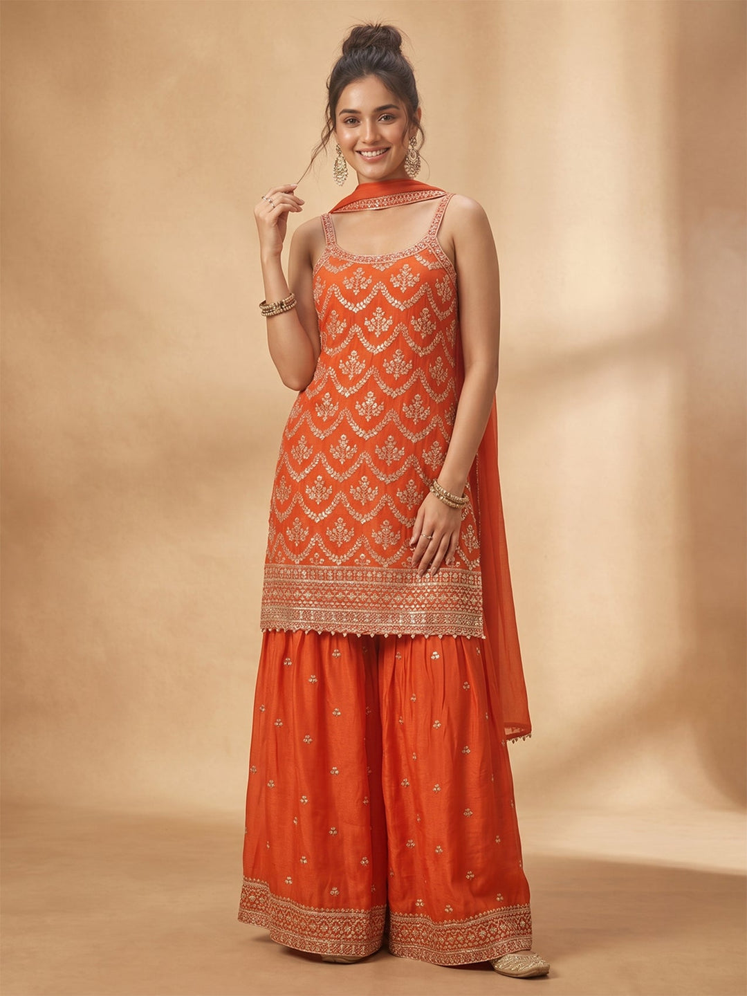 Rust Zariwork (Gold) Chinon Readymade Salwar Suit