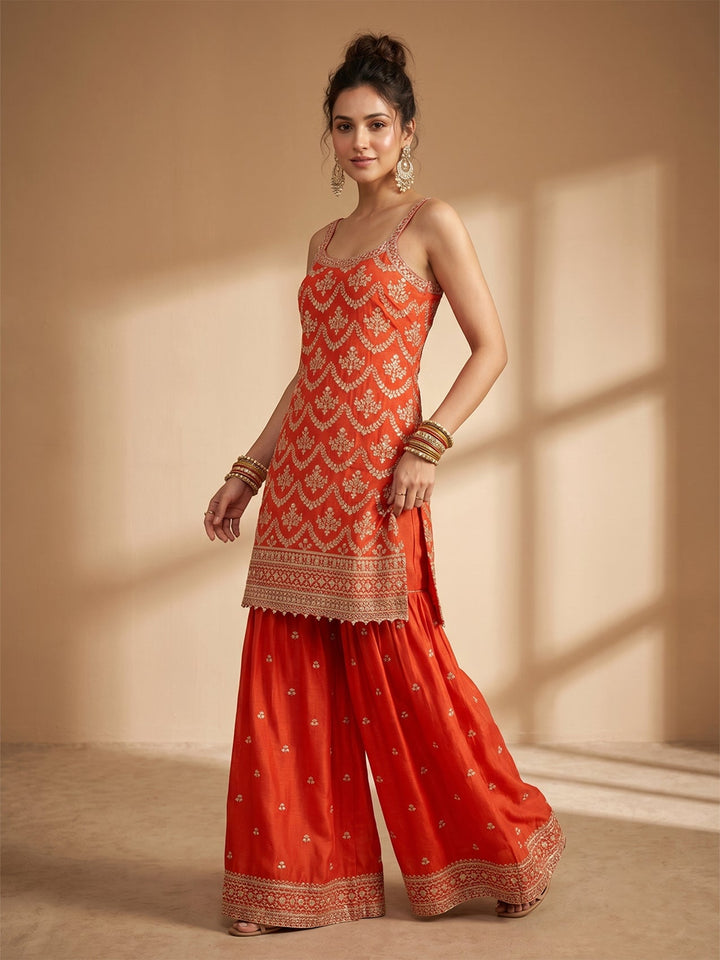 Rust Zariwork (Gold) Chinon Readymade Salwar Suit