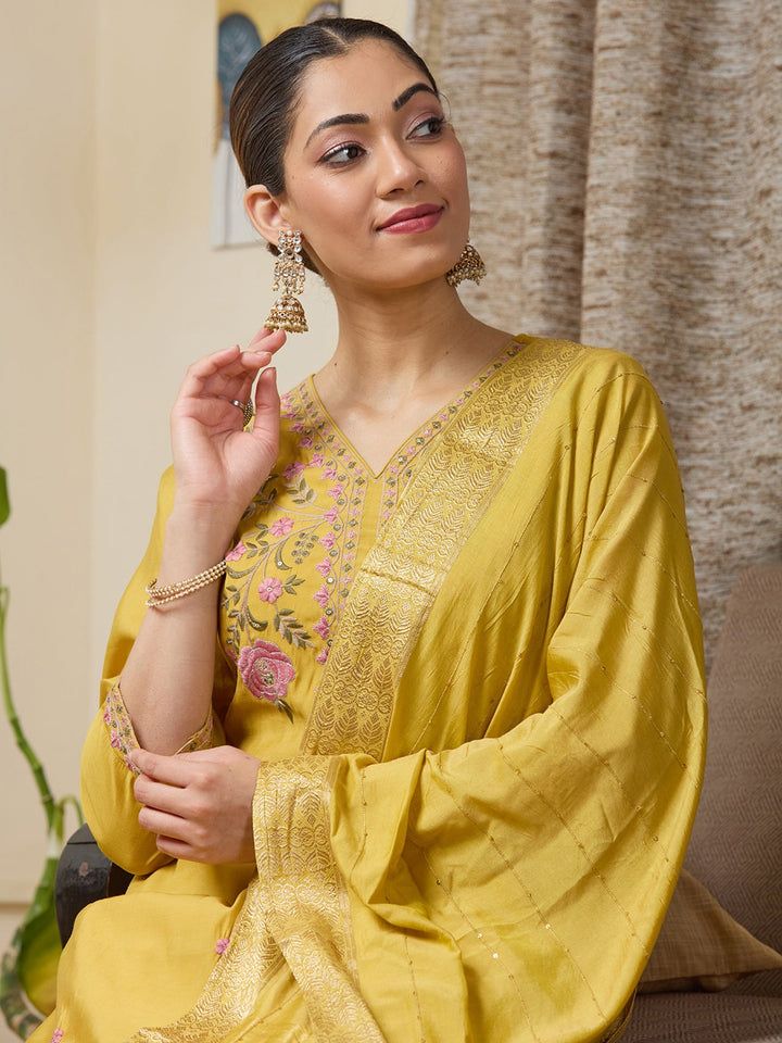 Mustard Yellow Threadwork Soft Raw Silk Readymade Salwar Suit