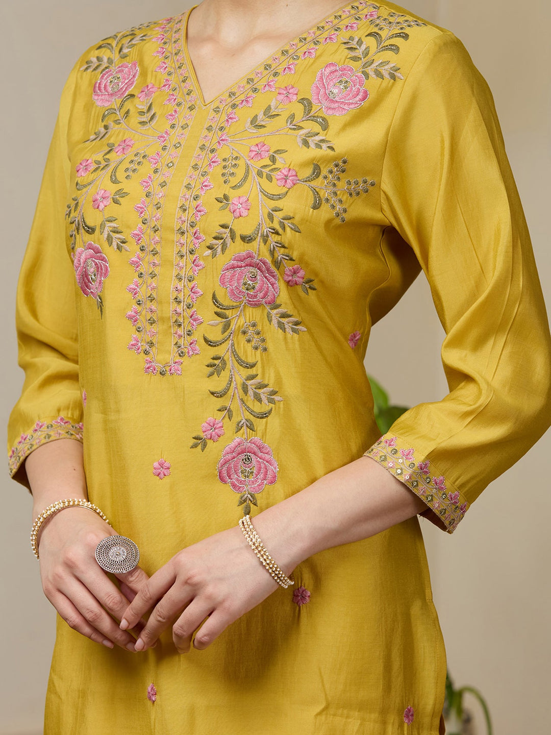 Mustard Yellow Threadwork Soft Raw Silk Readymade Salwar Suit