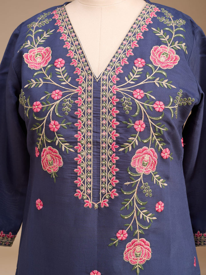 Navy Blue Threadwork Soft Raw Silk Readymade Salwar Suit