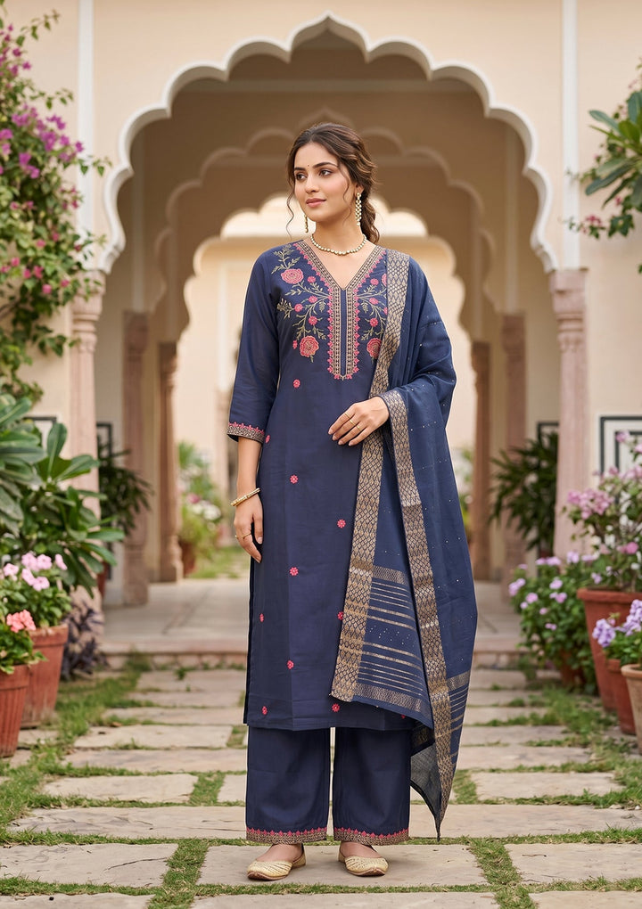 Navy Blue Threadwork Soft Raw Silk Readymade Salwar Suit