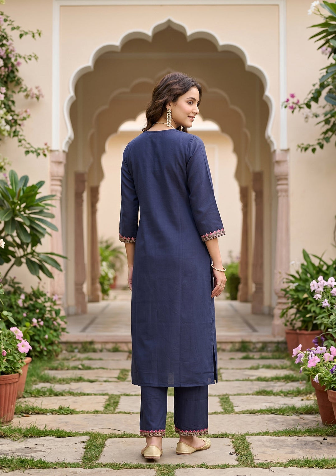Navy Blue Threadwork Soft Raw Silk Readymade Salwar Suit