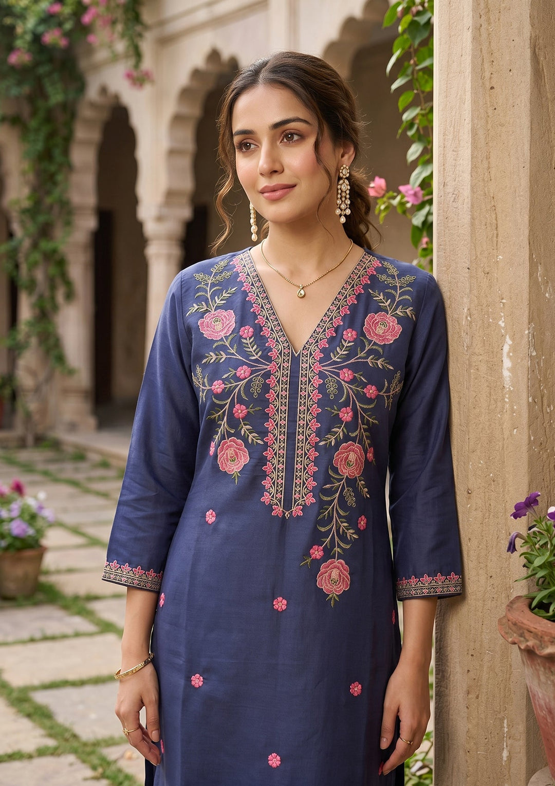 Navy Blue Threadwork Soft Raw Silk Readymade Salwar Suit