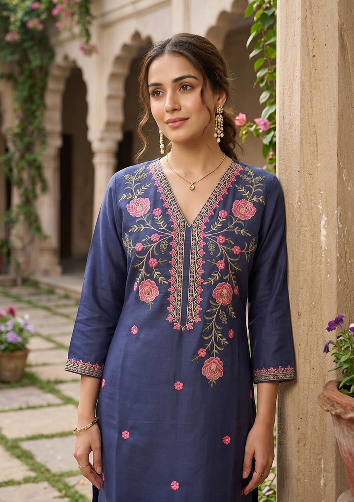 Navy Blue Threadwork Soft Raw Silk Readymade Salwar Suit