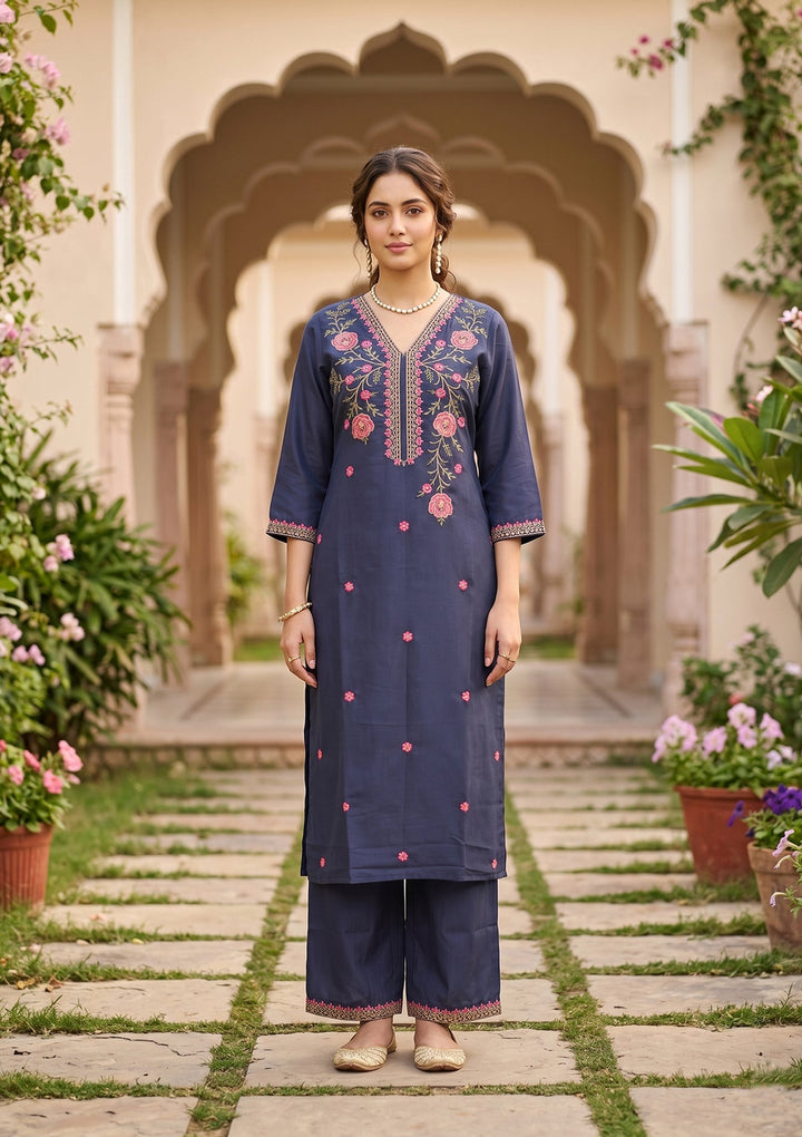 Navy Blue Threadwork Soft Raw Silk Readymade Salwar Suit
