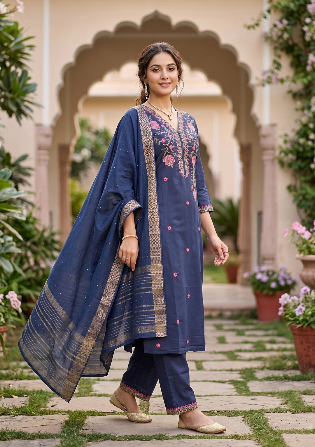 Navy Blue Threadwork Soft Raw Silk Readymade Salwar Suit