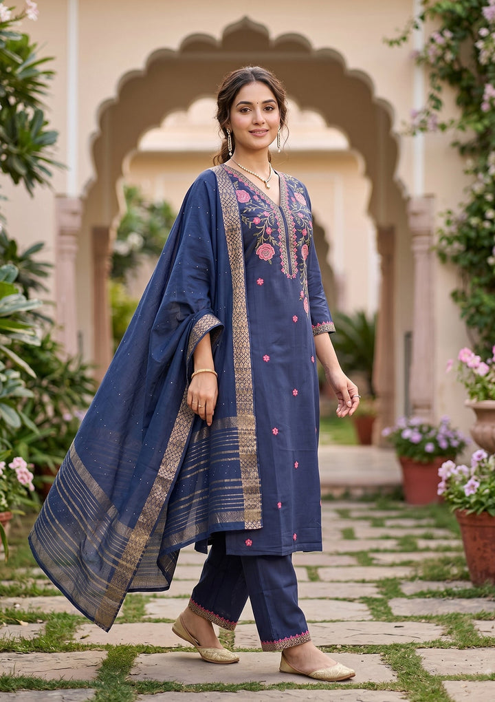Navy Blue Threadwork Soft Raw Silk Readymade Salwar Suit