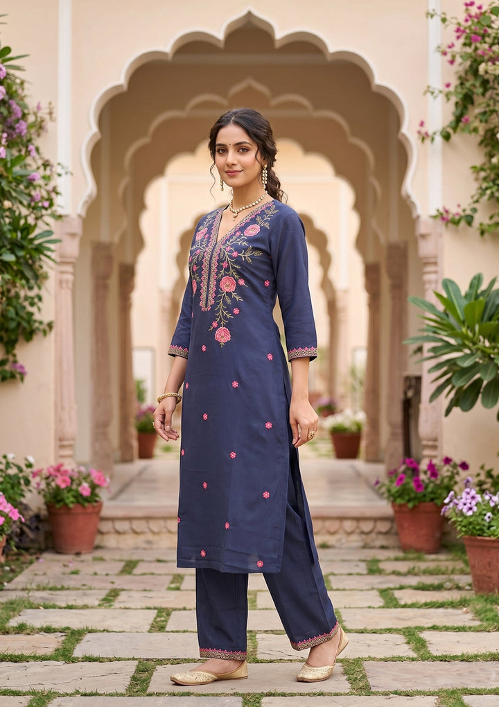 Navy Blue Threadwork Soft Raw Silk Readymade Salwar Suit