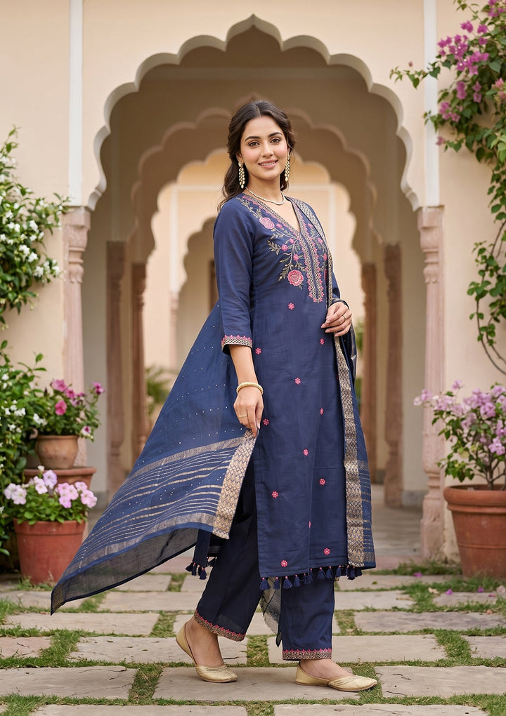 Navy Blue Threadwork Soft Raw Silk Readymade Salwar Suit