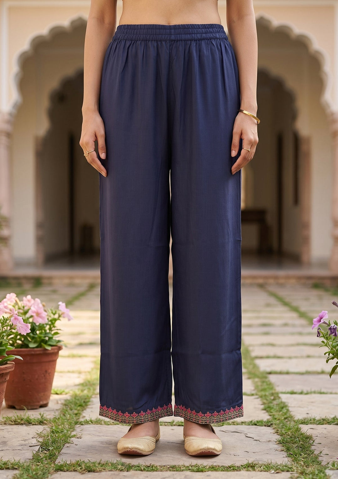 Navy Blue Threadwork Soft Raw Silk Readymade Salwar Suit