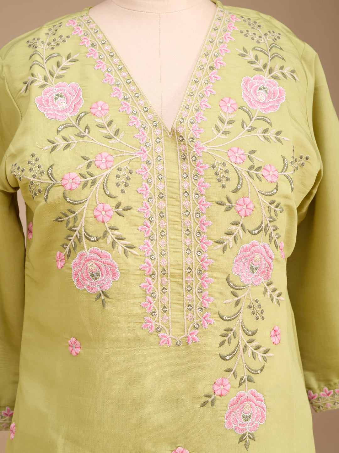 Pista Green Threadwork Soft Raw Silk Readymade Salwar Suit