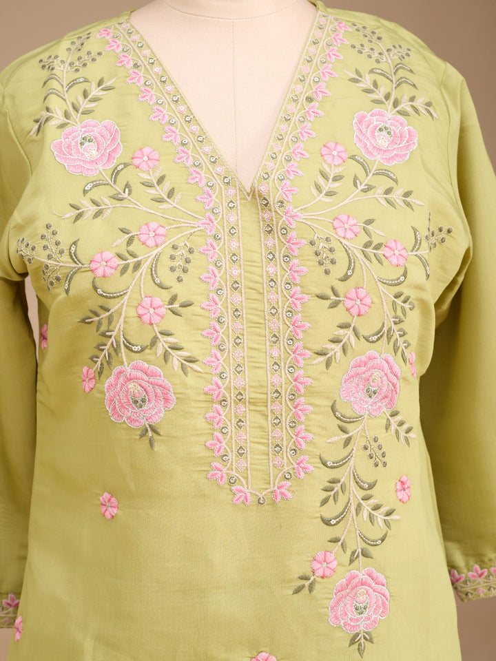 Pista Green Threadwork Soft Raw Silk Readymade Salwar Suit