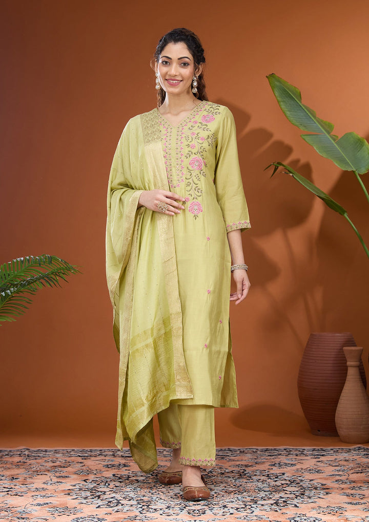 Pista Green Threadwork Soft Raw Silk Readymade Salwar Suit