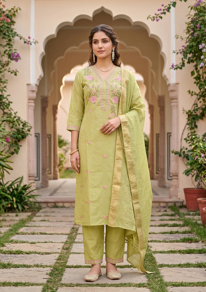Pista Green Threadwork Soft Raw Silk Readymade Salwar Suit