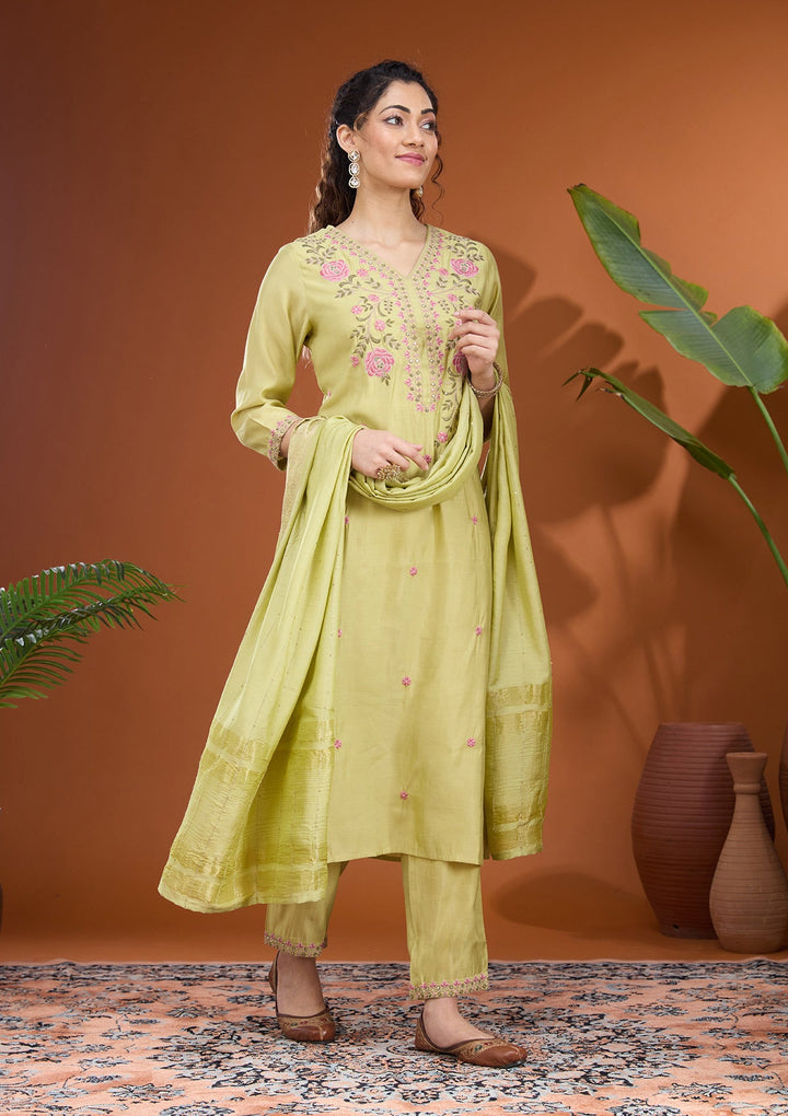 Pista Green Threadwork Soft Raw Silk Readymade Salwar Suit