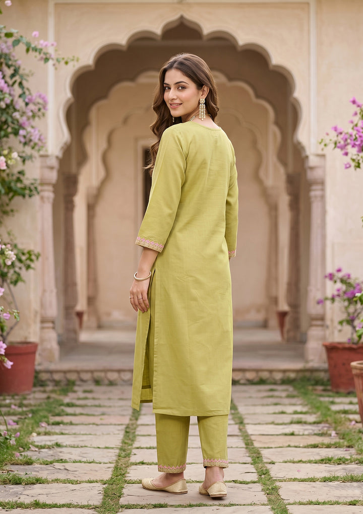 Pista Green Threadwork Soft Raw Silk Readymade Salwar Suit