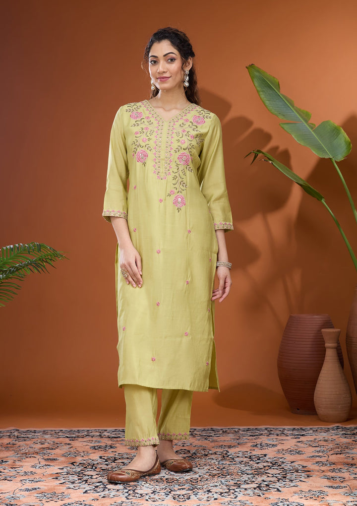 Pista Green Threadwork Soft Raw Silk Readymade Salwar Suit